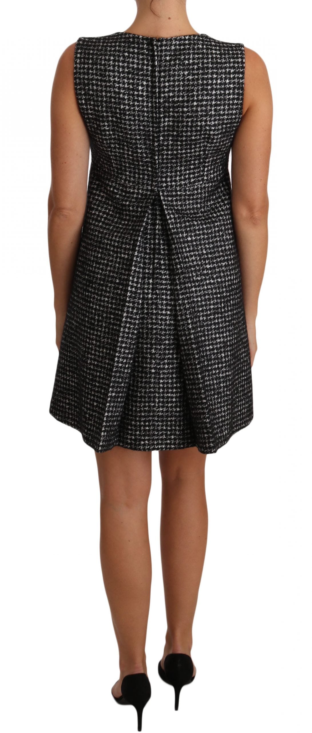 Gray Houndstooth Floral Appliqué Shift Mini Dress - Designed by Dolce & Gabbana Available to Buy at a Discounted Price on Moon Behind The Hill Online Designer Discount Store