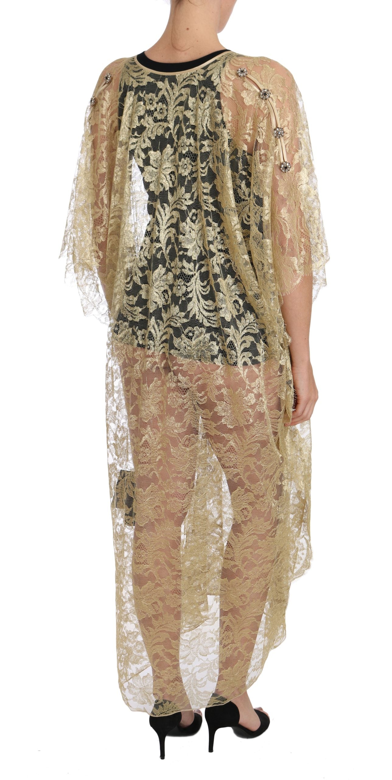 Gold Floral Lace Crystal Gown Cape Dress - Designed by Dolce & Gabbana Available to Buy at a Discounted Price on Moon Behind The Hill Online Designer Discount Store