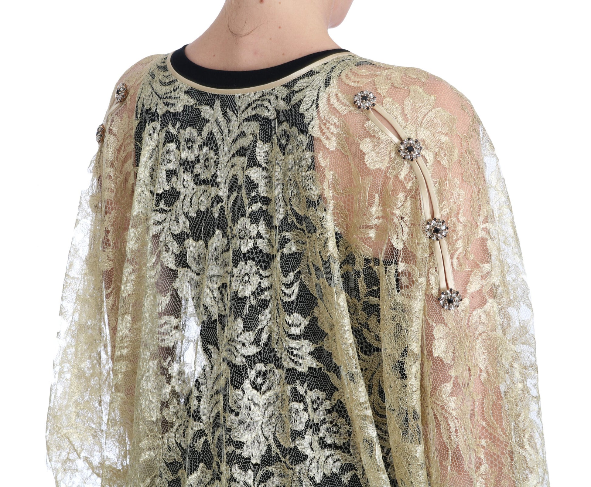 Gold Floral Lace Crystal Gown Cape Dress - Designed by Dolce & Gabbana Available to Buy at a Discounted Price on Moon Behind The Hill Online Designer Discount Store