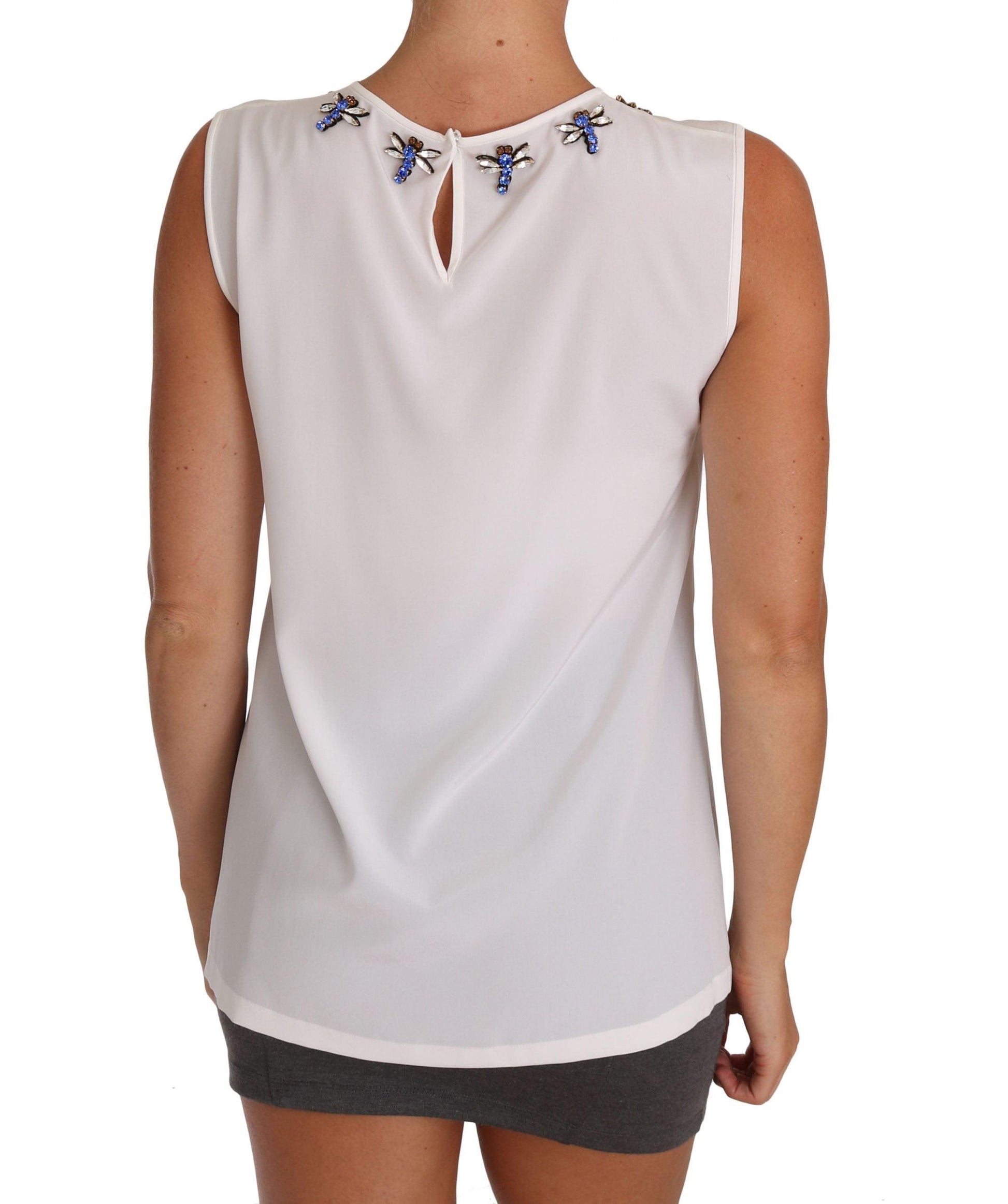 White Silk Crystal Embellished Fly T-shirt designed by Dolce & Gabbana available from Moon Behind The Hill's Women's Clothing range