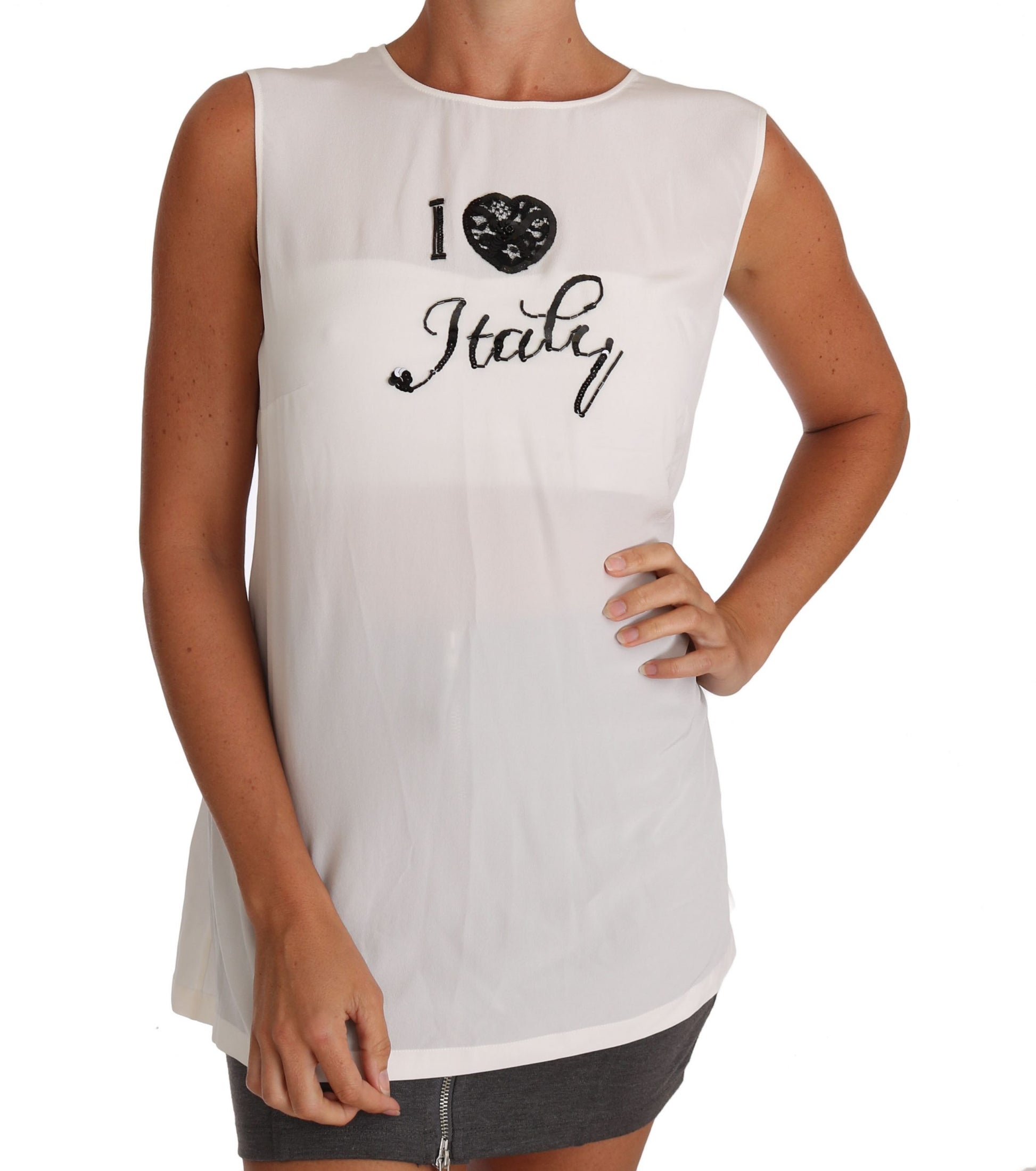 White Silk I LOVE ITALY Cami T-shirt designed by Dolce & Gabbana available from Moon Behind The Hill's Women's Clothing range