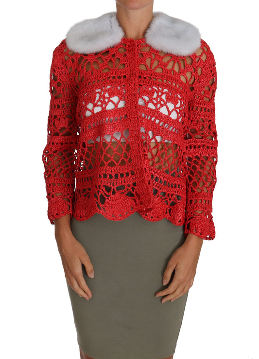 Red Cardigan Crochet Knit Raffia Sweater designed by Dolce & Gabbana available from Moon Behind The Hill's Women's Clothing range