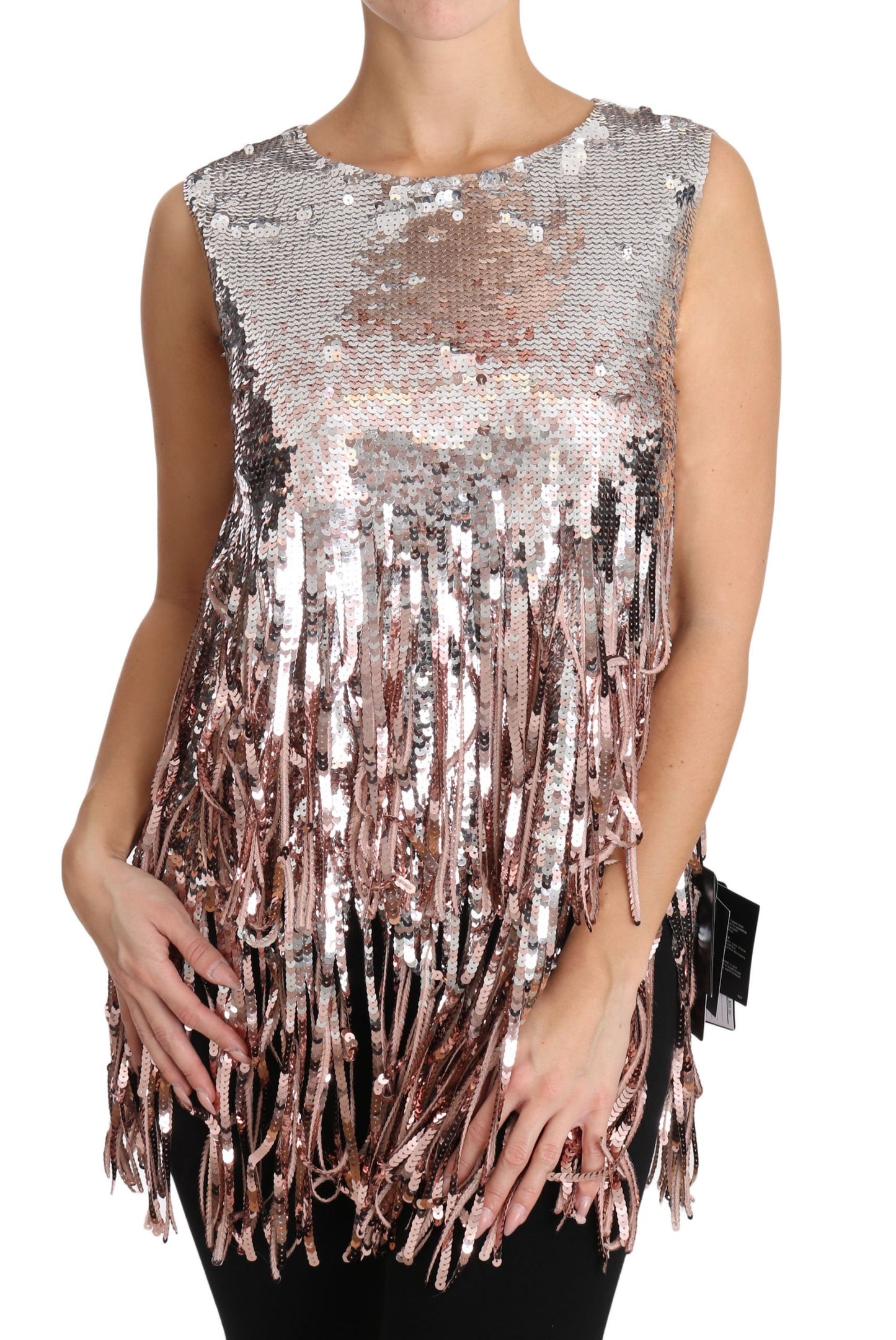 Golden Pink Sequined Fringe Tank Top - Designed by Dolce & Gabbana Available to Buy at a Discounted Price on Moon Behind The Hill Online Designer Discount Store