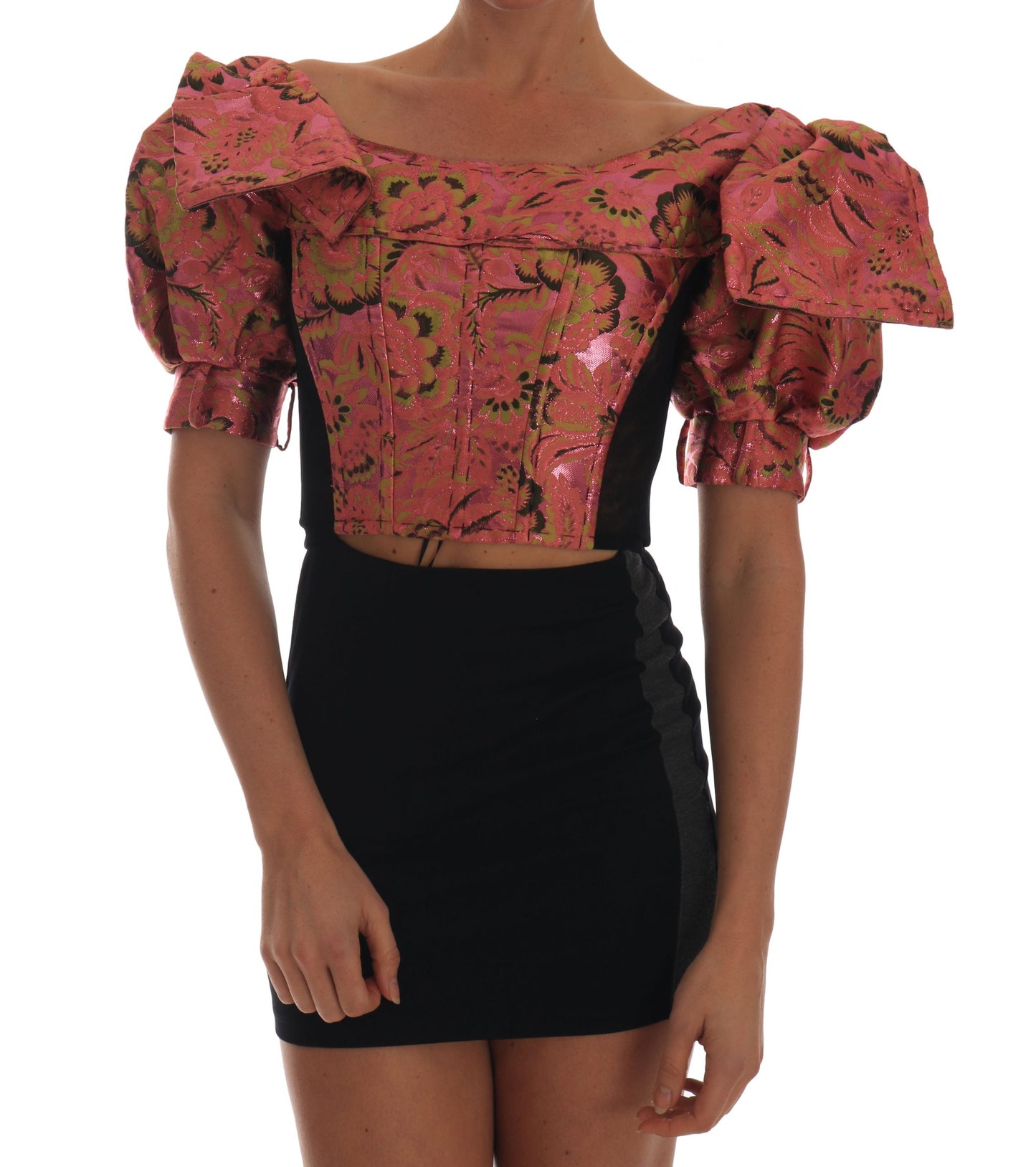 Pink Puff Sleeve  Brocade Cropped Top designed by Dolce & Gabbana available from Moon Behind The Hill's Women's Clothing range