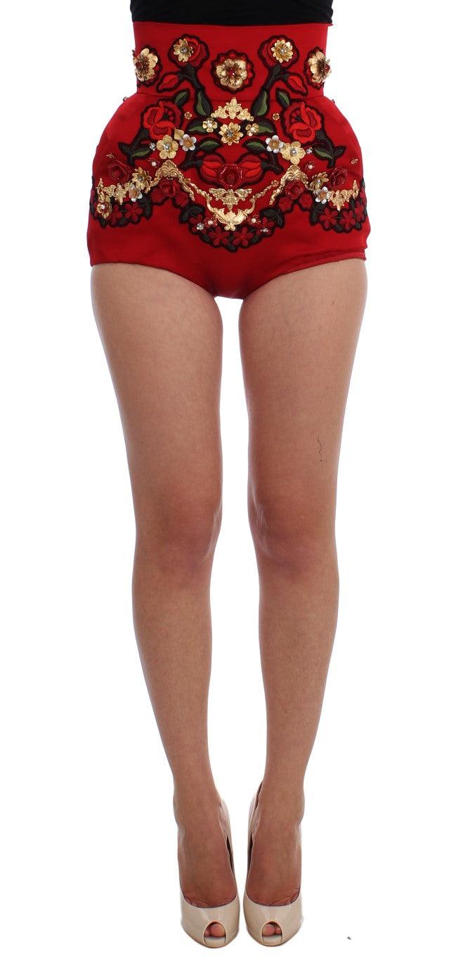 Red Silk Crystal Roses Shorts designed by Dolce & Gabbana available from Moon Behind The Hill's Women's Clothing range