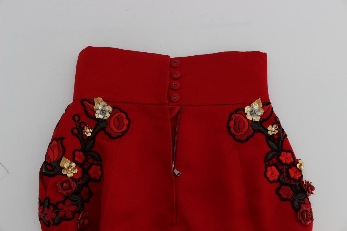 Red Silk Crystal Roses Shorts designed by Dolce & Gabbana available from Moon Behind The Hill's Women's Clothing range