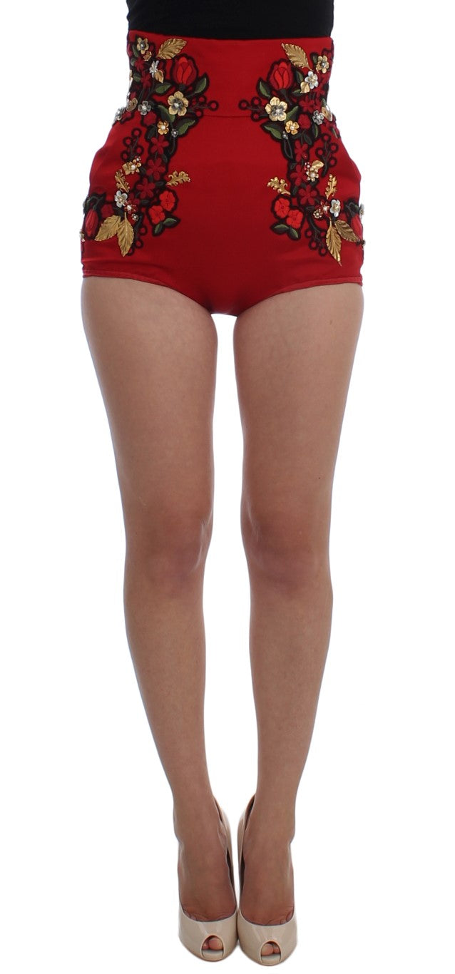 Red Silk Pearls Roses Shorts designed by Dolce & Gabbana available from Moon Behind The Hill's Women's Clothing range