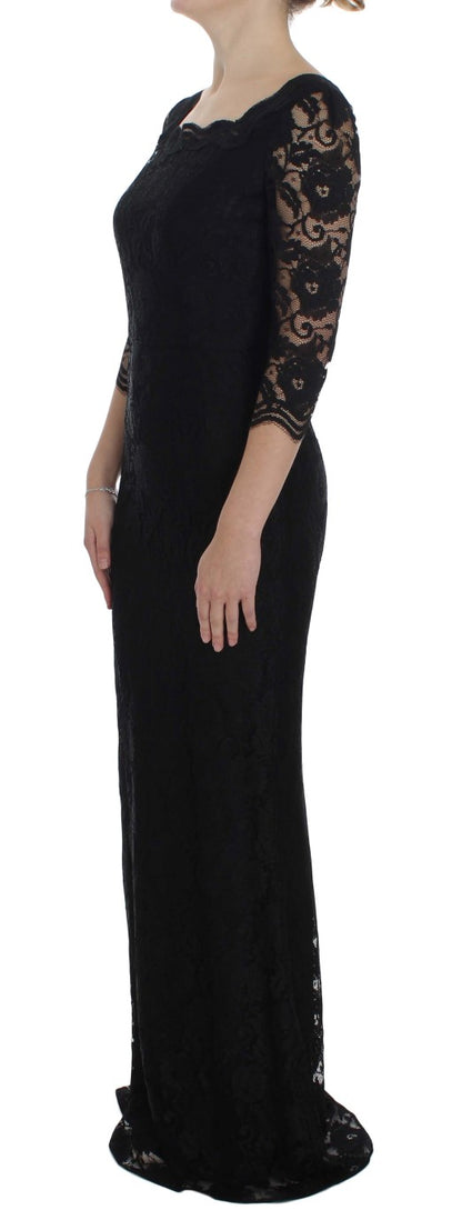 Black Floral Lace Long Ball Maxi Dress - Designed by Dolce & Gabbana Available to Buy at a Discounted Price on Moon Behind The Hill Online Designer Discount Store