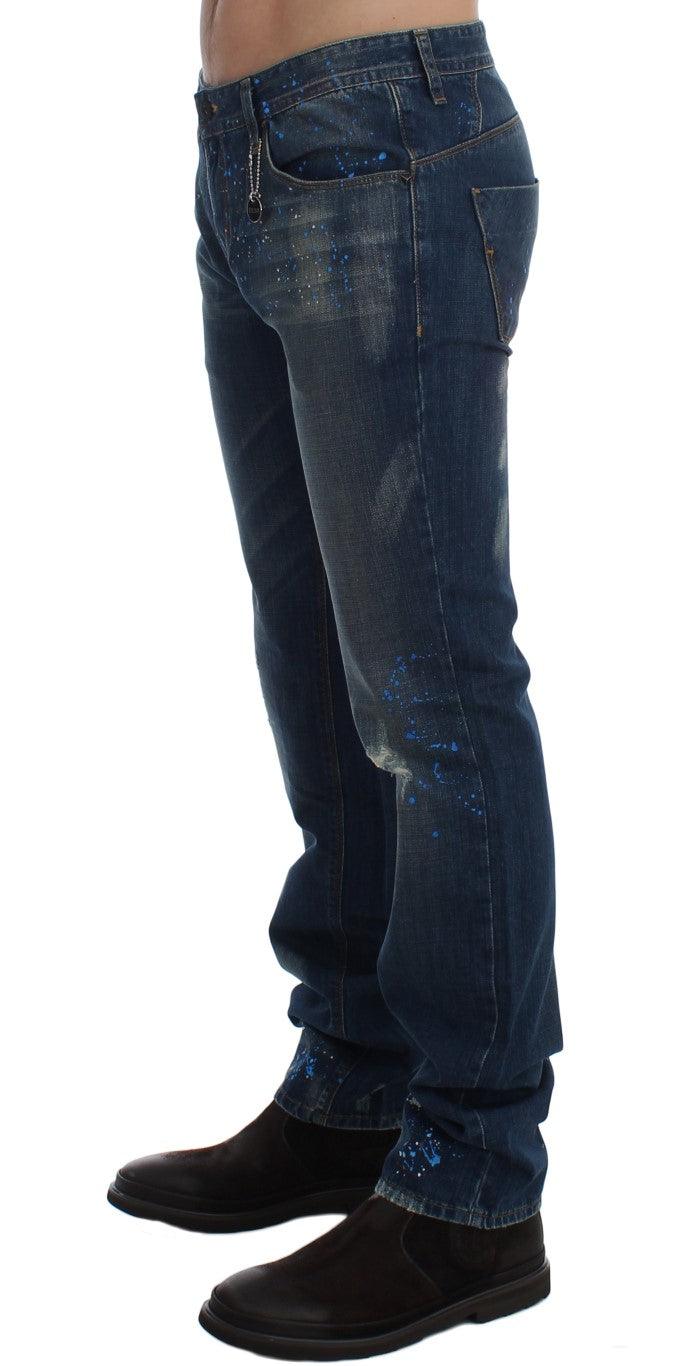 Blue Wash Paint Slim Fit Pants Jeans - Designed by Costume National Available to Buy at a Discounted Price on Moon Behind The Hill Online Designer Discount Store