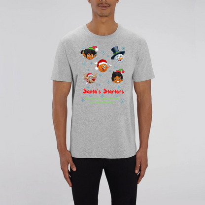 Model wearing a basketball themed Christmas t-shirt with a print design, The design features 5 cartoon character heads of 2 elves, a snowman, Rudolf and a basketball head with the heading Santa's Starters and sub heading We swish you a Merry Christmas and a Hoopy New Year. The t-shirt is Grey