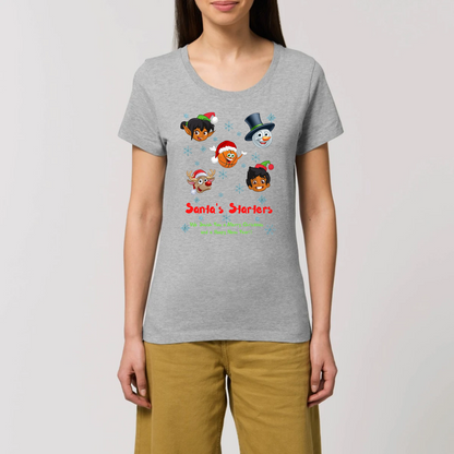 Model wearing a christmas t-shirt with a print design on front, The design has 5 cartoon character heads of 2 elves, a snowman, rundolf and a Basketball face with the heading Santa's starters and sub heading og We swish you a merry Christmas and a hoopy New Year. The t-shirt is Grey