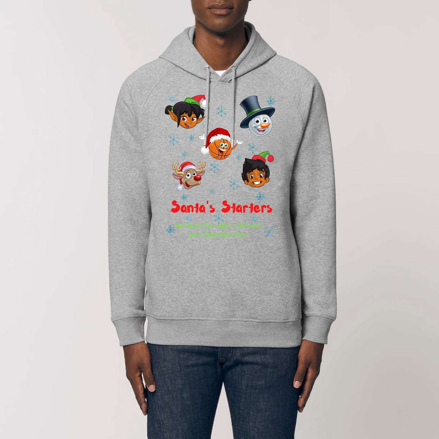 Model wearing a basketball themed Christmas hoodie with 5 cartoon like character heads of 2 elves, 1 snowman, 1 Rudolf and 1 basketball and the heading Santa's Starters and sub heading We Swish you a merry Christmas and a hoopy New Year. The hoodies colour is Grey