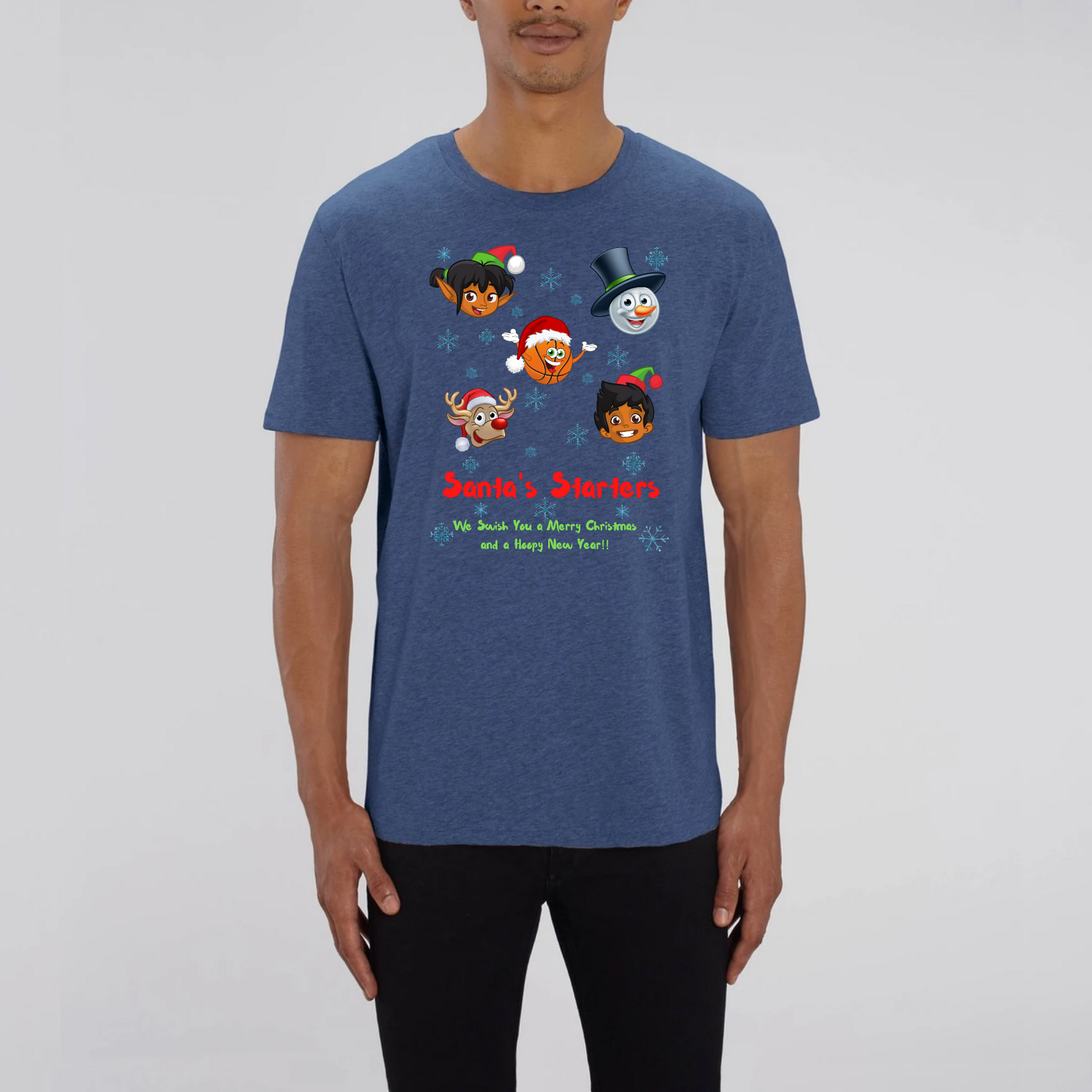 Model wearing a basketball themed Christmas t-shirt with a print design, The design features 5 cartoon character heads of 2 elves, a snowman, Rudolf and a basketball head with the heading Santa's Starters and sub heading We swish you a Merry Christmas and a Hoopy New Year. The t-shirt is Indigo