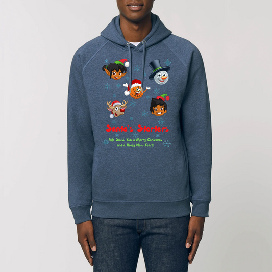Model wearing a basketball themed Christmas hoodie with 5 cartoon like character heads of 2 elves, 1 snowman, 1 Rudolf and 1 basketball and the heading Santa's Starters and sub heading We Swish you a merry Christmas and a hoopy New Year. The hoodies colour is Indigo