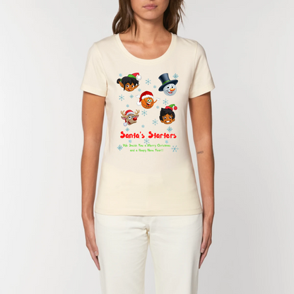Model wearing a christmas t-shirt with a print design on front, The design has 5 cartoon character heads of 2 elves, a snowman, rundolf and a Basketball face with the heading Santa's starters and sub heading og We swish you a merry Christmas and a hoopy New Year. The t-shirt is Natural