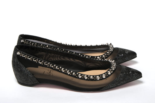 Christian Louboutin Black Silver Flat Point Toe Shoe - Designed by Christian Louboutin Available to Buy at a Discounted Price on Moon Behind The Hill Online Designer Discount Store