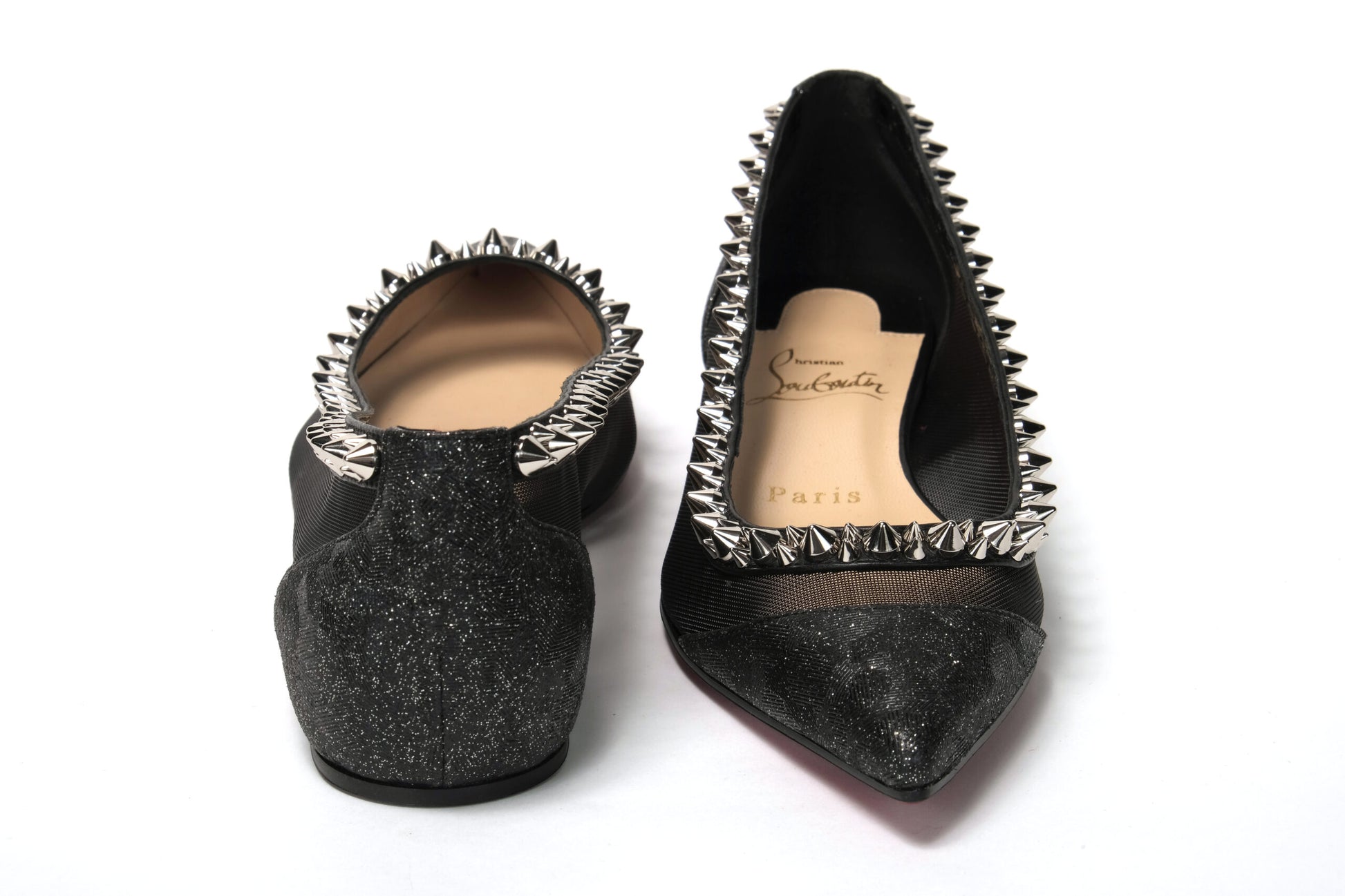 Christian Louboutin Black Silver Flat Point Toe Shoe - Designed by Christian Louboutin Available to Buy at a Discounted Price on Moon Behind The Hill Online Designer Discount Store