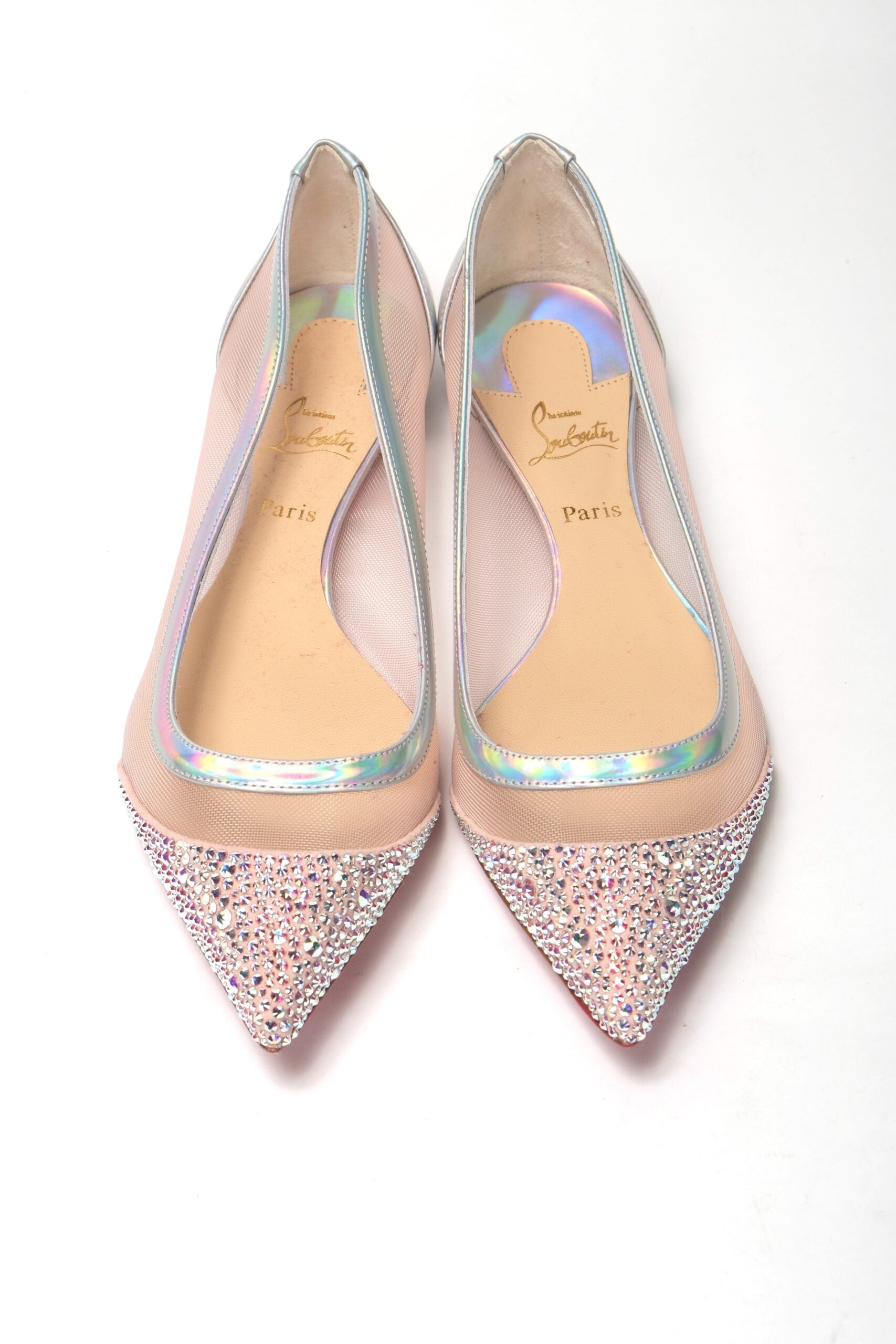 Christian Louboutin Silver Rose Flat Point Crystals Toe Shoe - Designed by Christian Louboutin Available to Buy at a Discounted Price on Moon Behind The Hill Online Designer Discount Store