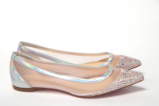 Christian Louboutin Silver Rose Flat Point Crystals Toe Shoe - Designed by Christian Louboutin Available to Buy at a Discounted Price on Moon Behind The Hill Online Designer Discount Store