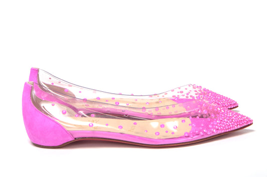 Christian Louboutin Hot Pink Suede Crystals Flat Point Toe Shoe - Designed by Christian Louboutin Available to Buy at a Discounted Price on Moon Behind The Hill Online Designer Discount Store