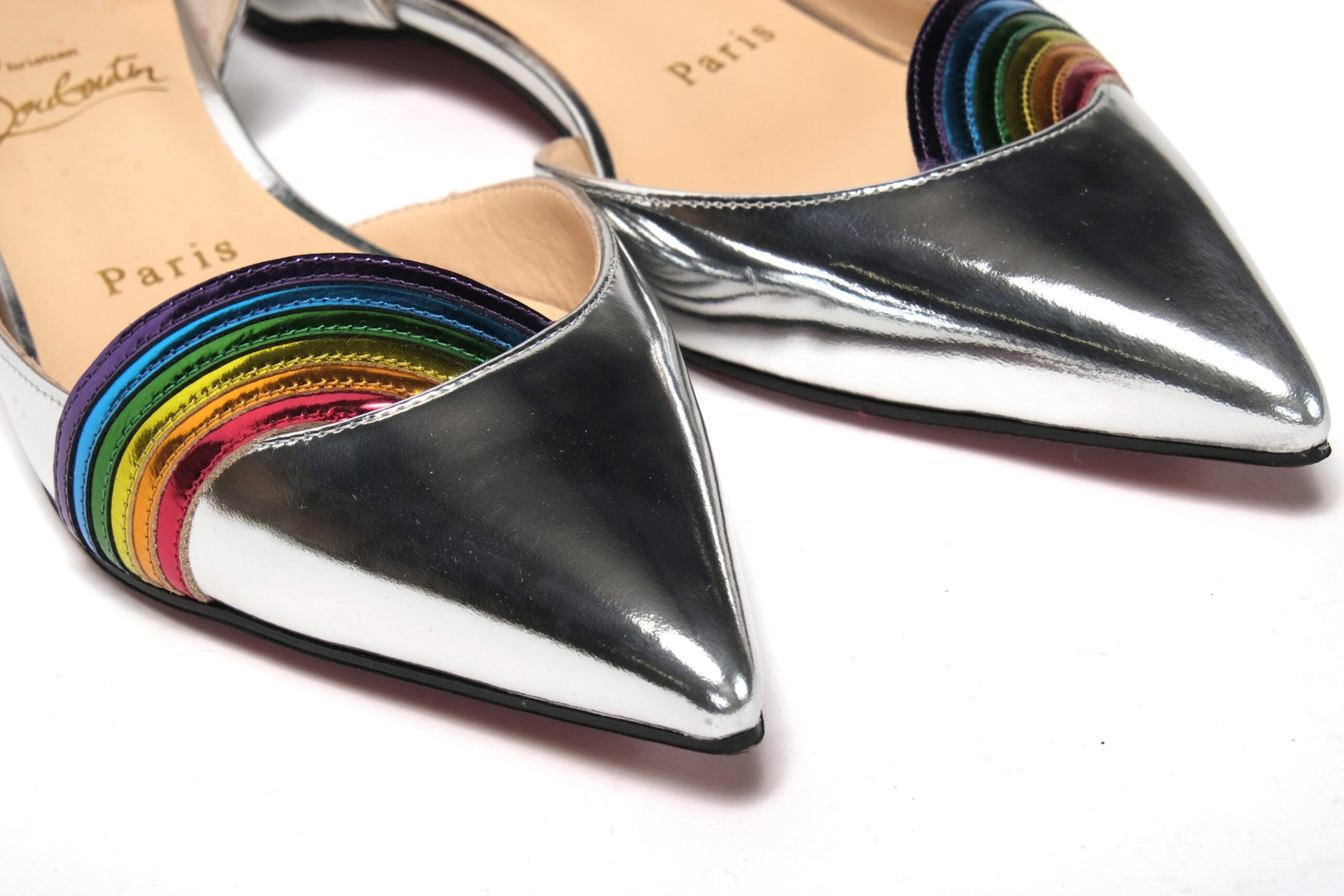 Christian Louboutin Silver Patentleather Flat Point Toe Shoe - Designed by Christian Louboutin Available to Buy at a Discounted Price on Moon Behind The Hill Online Designer Discount Store