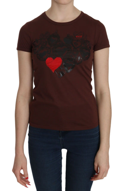 Brown Heart Print Crew Neck T-shirt Short Sleeve Blouse - Designed by Exte Available to Buy at a Discounted Price on Moon Behind The Hill Online Designer Discount Store