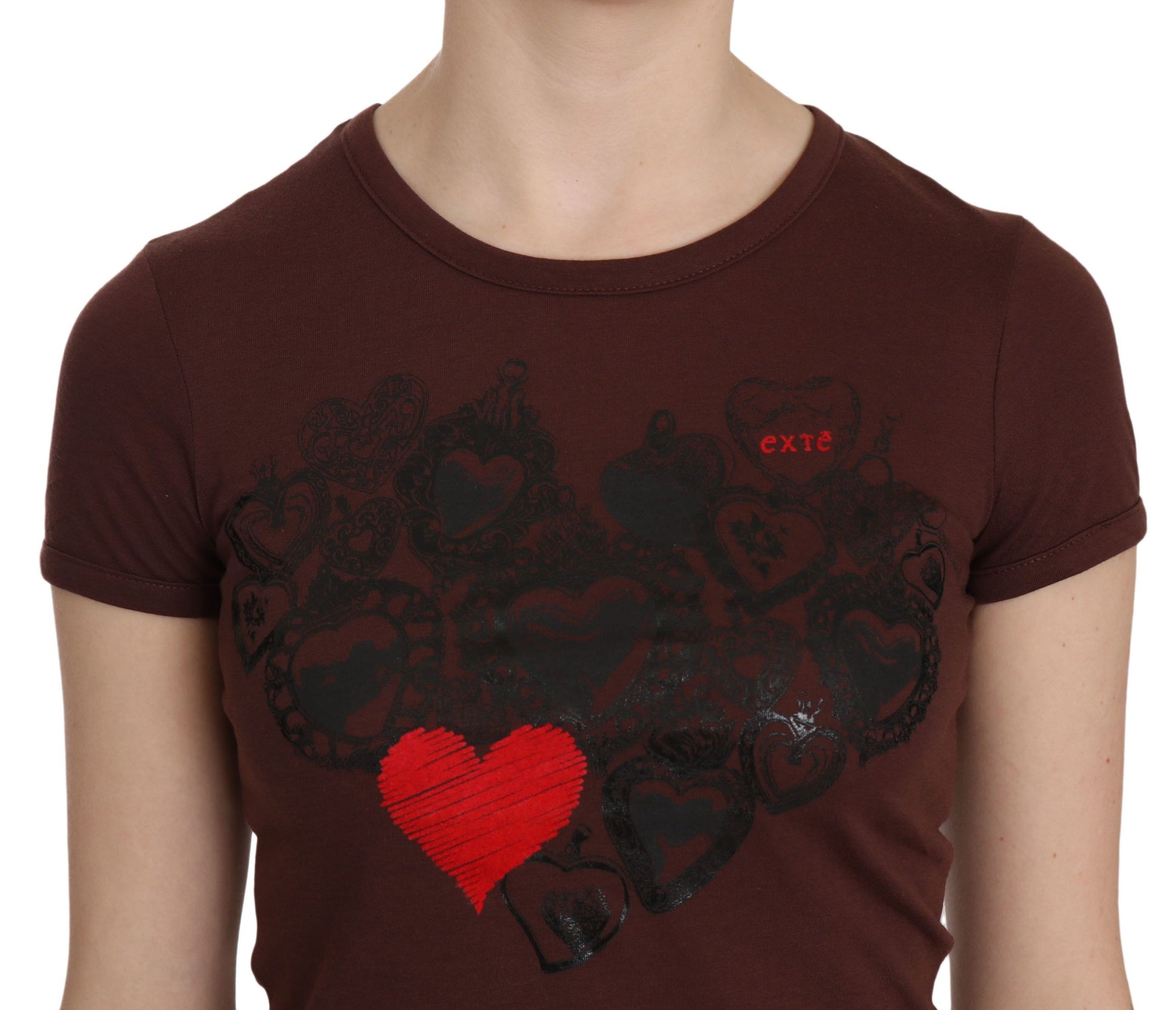 Brown Heart Print Crew Neck T-shirt Short Sleeve Blouse - Designed by Exte Available to Buy at a Discounted Price on Moon Behind The Hill Online Designer Discount Store