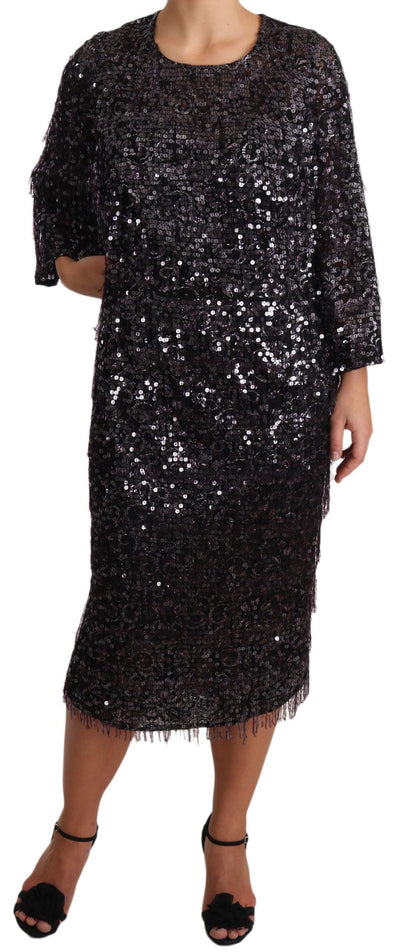 Black Sequined Long Sleeve Shift Midi Dress - Designed by Dolce & Gabbana Available to Buy at a Discounted Price on Moon Behind The Hill Online Designer Discount Store