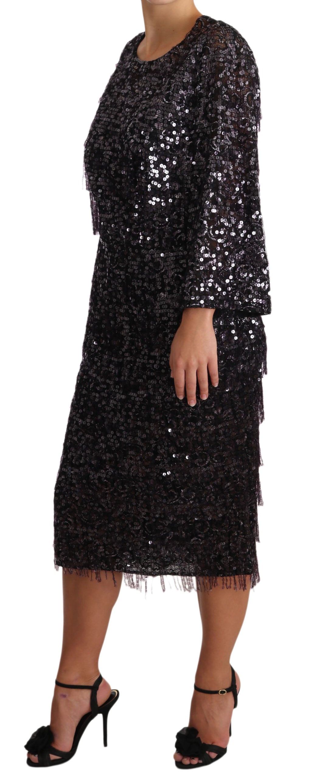 Black Sequined Long Sleeve Shift Midi Dress - Designed by Dolce & Gabbana Available to Buy at a Discounted Price on Moon Behind The Hill Online Designer Discount Store
