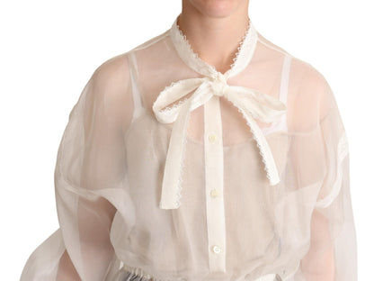 White Ascot Collar Long Sleeves Blouse Top