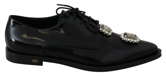 Black Leather Crystal Lace Up Formal Shoes - Designed by Dolce & Gabbana Available to Buy at a Discounted Price on Moon Behind The Hill Online Designer Discount Store