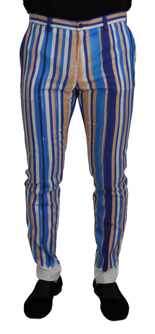 Dolce & Gabbana Men's Blue Striped Silk Cotton Slim Trousers Pants - Designed by Dolce & Gabbana Available to Buy at a Discounted Price on Moon Behind The Hill Online Designer Discount Store