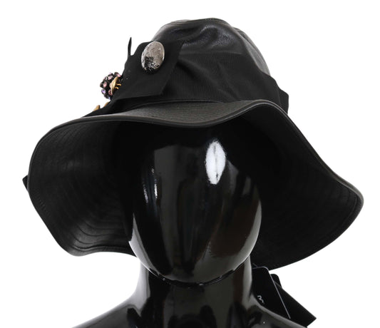 Black Leather DG Coin Crystal Wide Brim Hat - Designed by Dolce & Gabbana Available to Buy at a Discounted Price on Moon Behind The Hill Online Designer Discount Store