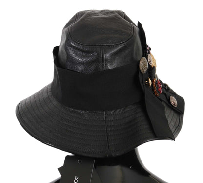 Black Leather DG Coin Crystal Wide Brim Hat - Designed by Dolce & Gabbana Available to Buy at a Discounted Price on Moon Behind The Hill Online Designer Discount Store