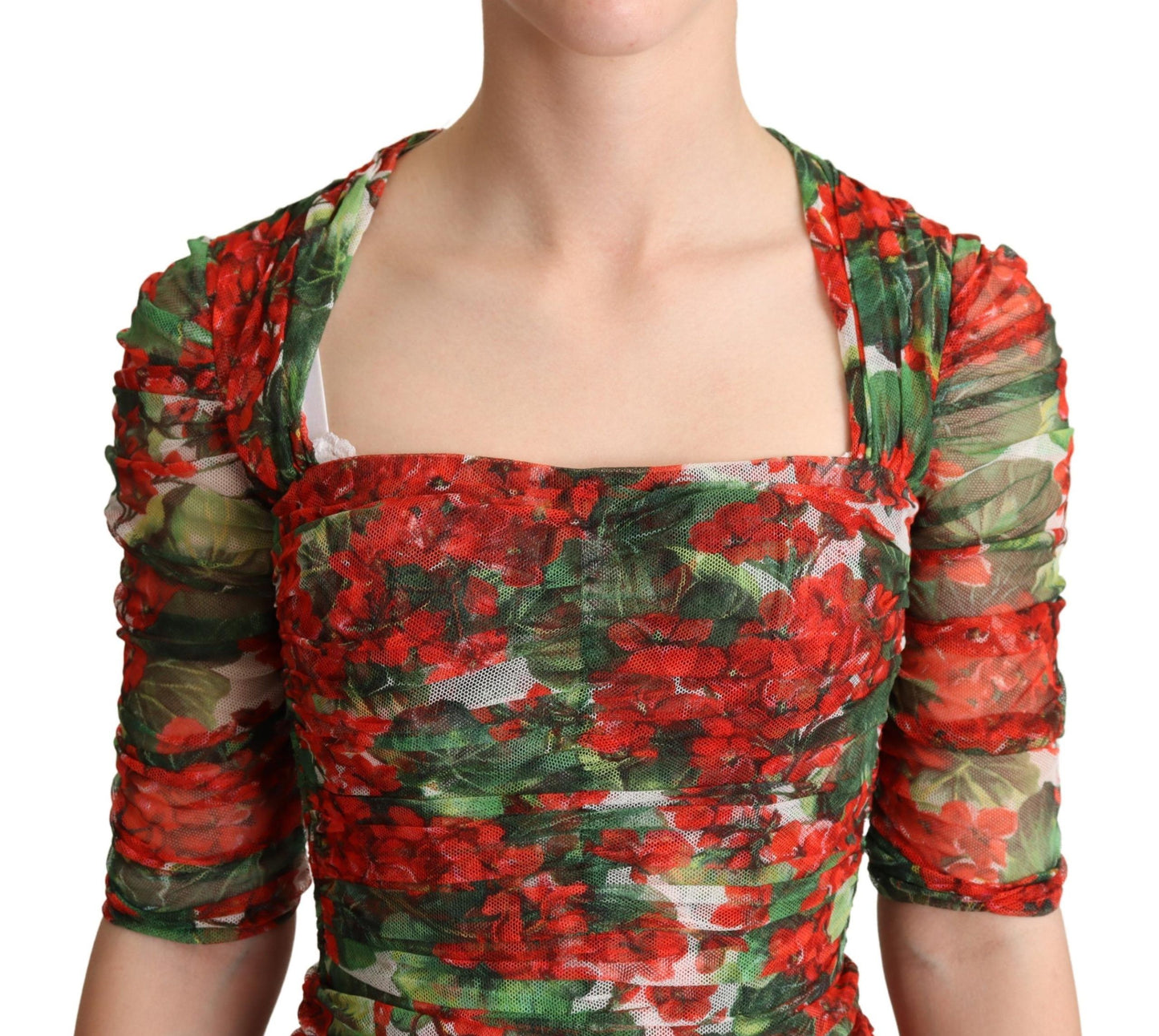 Red Floral Print Tulle Sheath Midi Dress