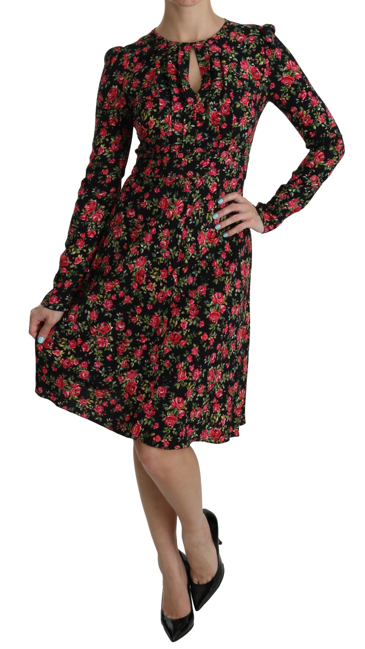 Black Floral Longsleeve Knee Length Dress - Designed by Dolce & Gabbana Available to Buy at a Discounted Price on Moon Behind The Hill Online Designer Discount Store