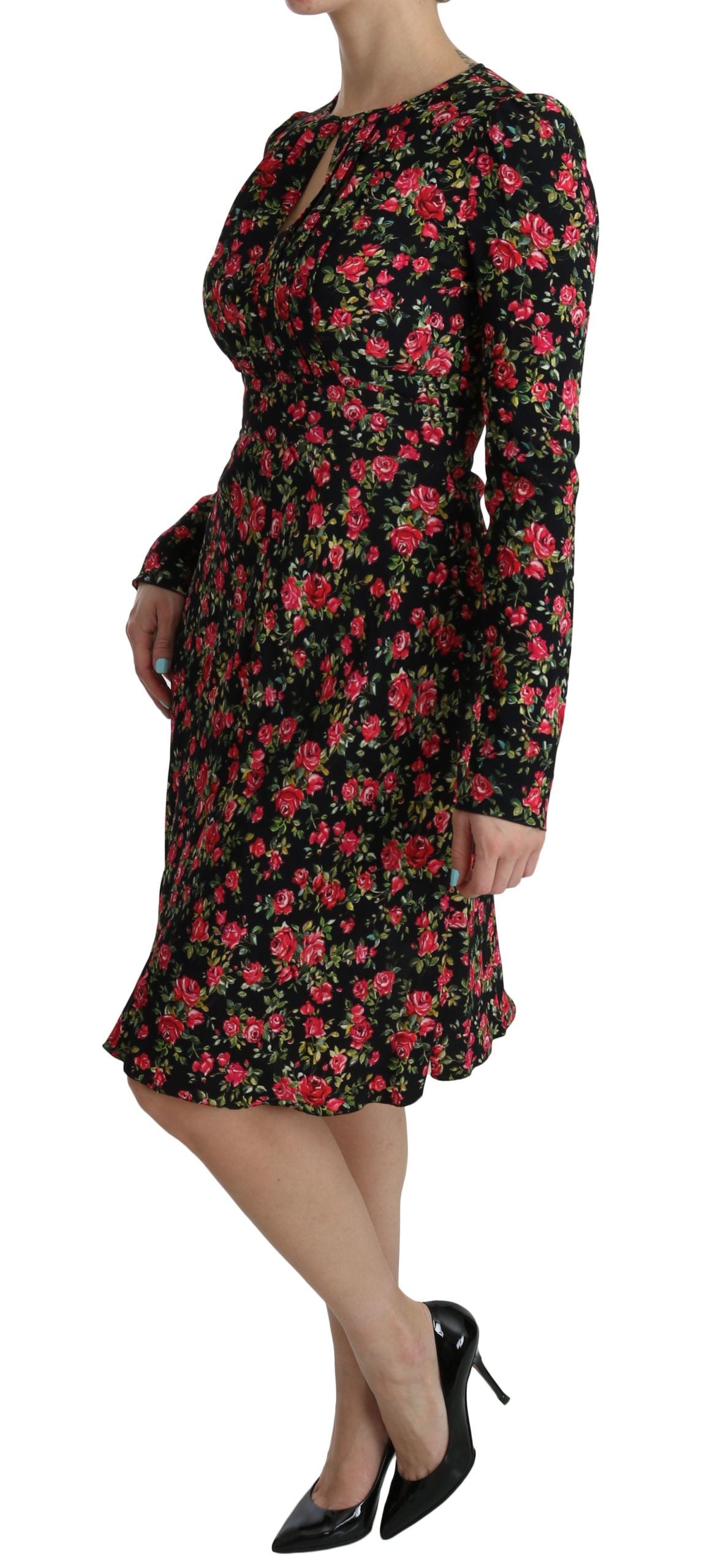Black Floral Longsleeve Knee Length Dress - Designed by Dolce & Gabbana Available to Buy at a Discounted Price on Moon Behind The Hill Online Designer Discount Store