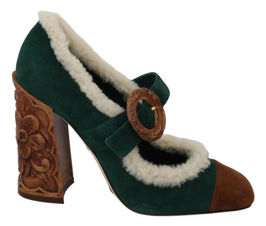 Dolce & Gabbana Green Suede Fur Shearling Mary Jane Shoes - Designed by Dolce & Gabbana Available to Buy at a Discounted Price on Moon Behind The Hill Online Designer Discount Store