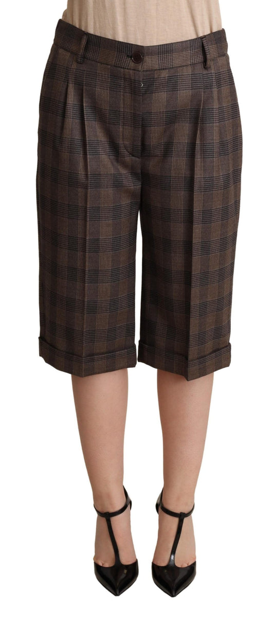 Brown Checkered Wool Bermuda Mid Waist Shorts - Designed by Dolce & Gabbana Available to Buy at a Discounted Price on Moon Behind The Hill Online Designer Discount Store