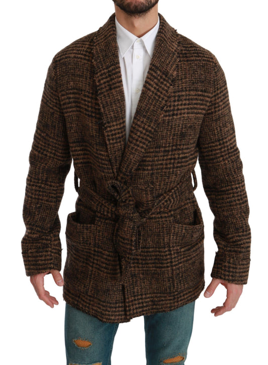 Brown Checkered Wool Robe Coat  Wrap Jacket - Designed by Dolce & Gabbana Available to Buy at a Discounted Price on Moon Behind The Hill Online Designer Discount Store