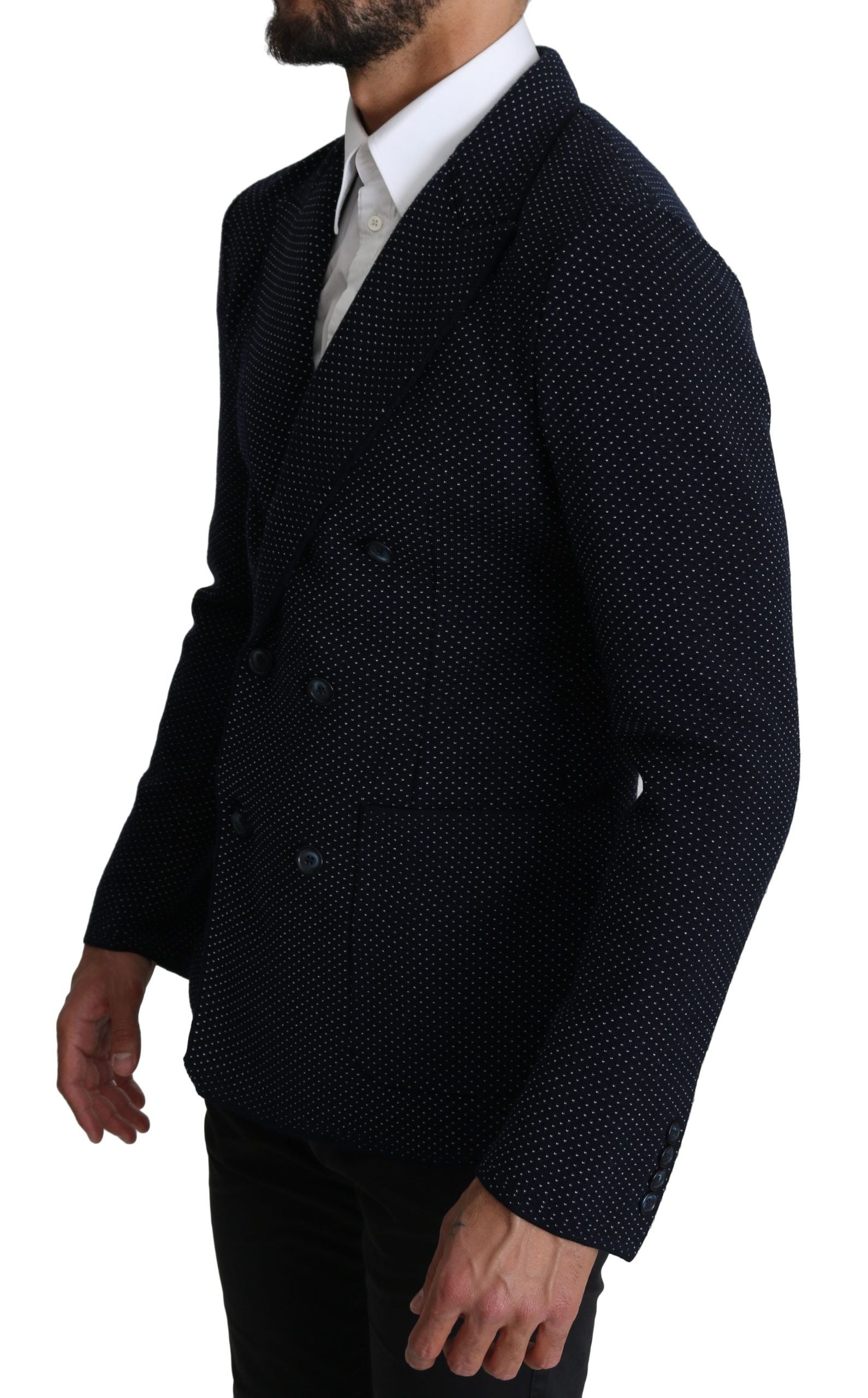 Dark Blue Dotted Double Breasted Coat Blazer - Designed by Dolce & Gabbana Available to Buy at a Discounted Price on Moon Behind The Hill Online Designer Discount Store