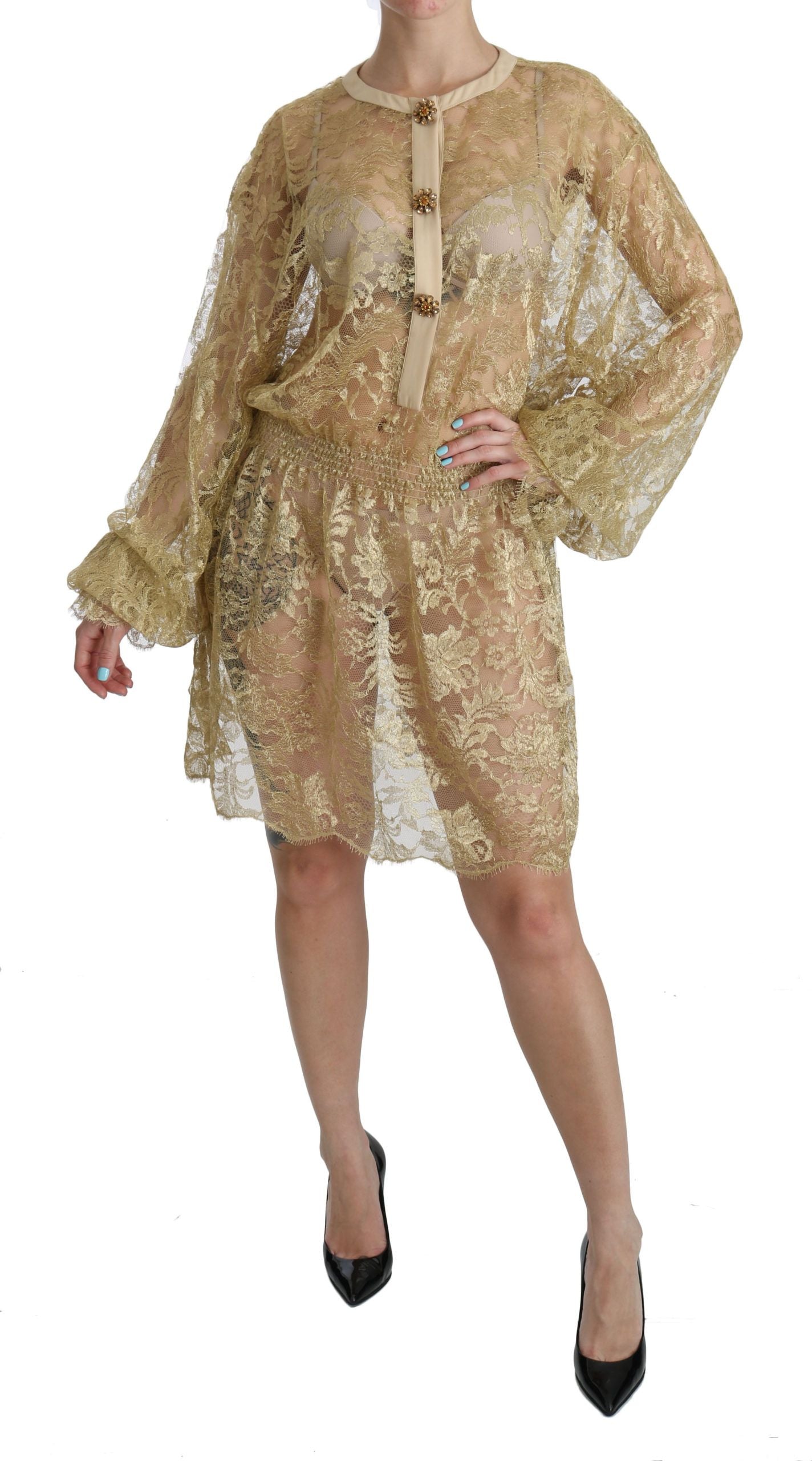 Gold Lace See Through A-Line Knee Length Dress - Designed by Dolce & Gabbana Available to Buy at a Discounted Price on Moon Behind The Hill Online Designer Discount Store
