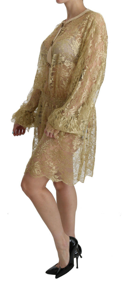 Gold Lace See Through A-Line Knee Length Dress - Designed by Dolce & Gabbana Available to Buy at a Discounted Price on Moon Behind The Hill Online Designer Discount Store