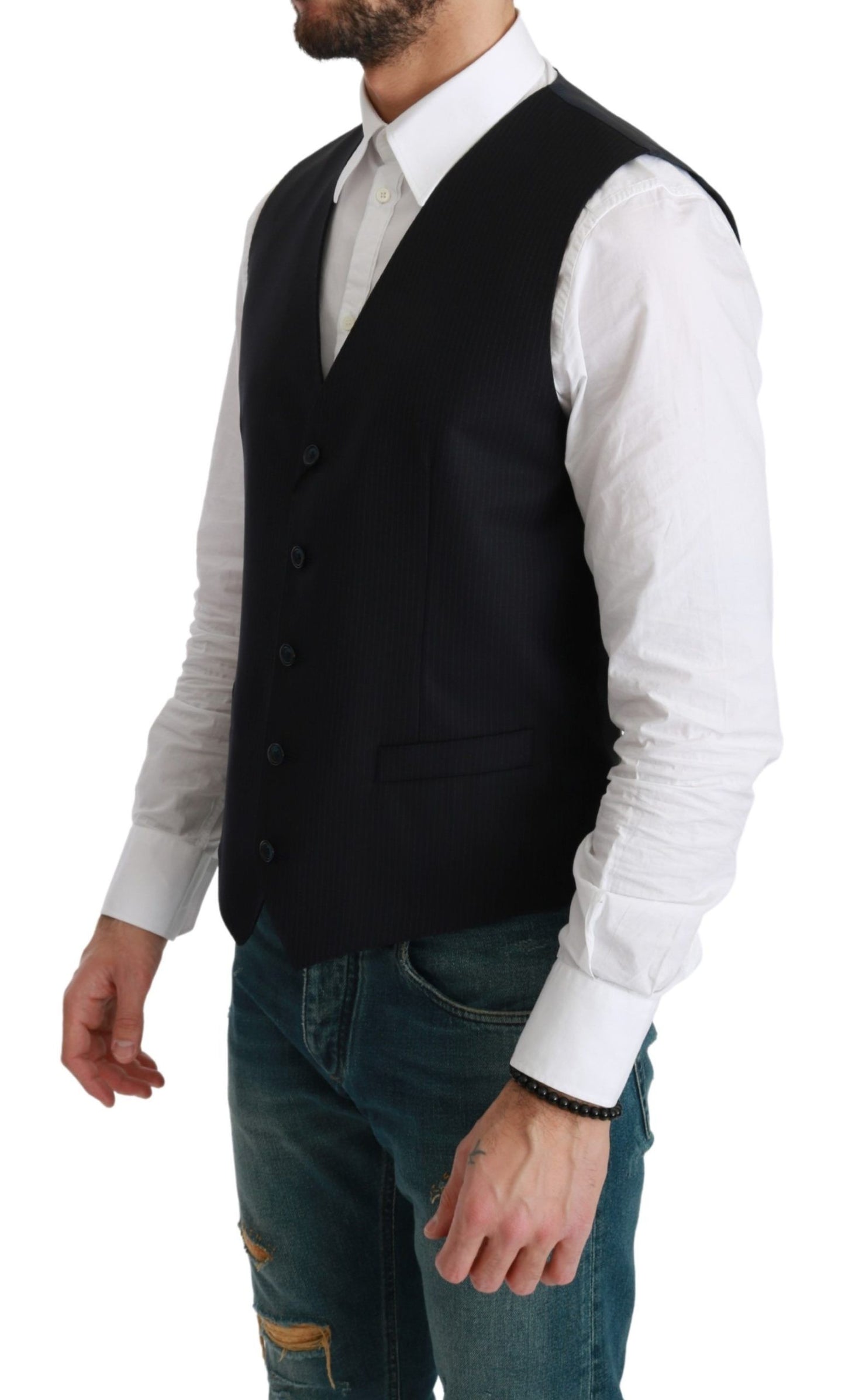 Blue Waistcoat Formal Stretch Wool Vest - Designed by Dolce & Gabbana Available to Buy at a Discounted Price on Moon Behind The Hill Online Designer Discount Store