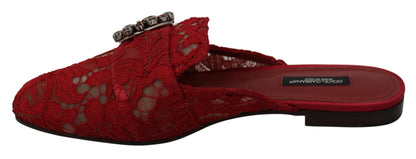 Red Lace Crystal Slide On Flats Shoes