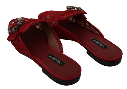 Red Lace Crystal Slide On Flats Shoes