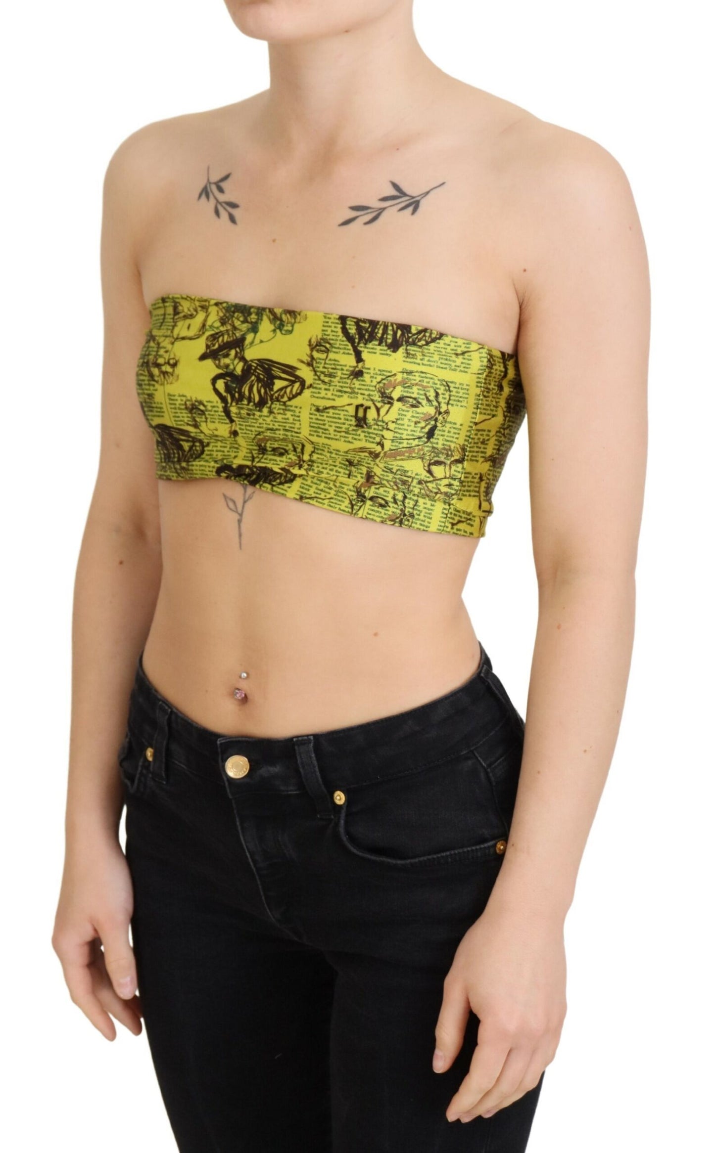 John Galliano Yellow Newspaper Print Cropped Blouse - Designed by John Galliano Available to Buy at a Discounted Price on Moon Behind The Hill Online Designer Discount Store