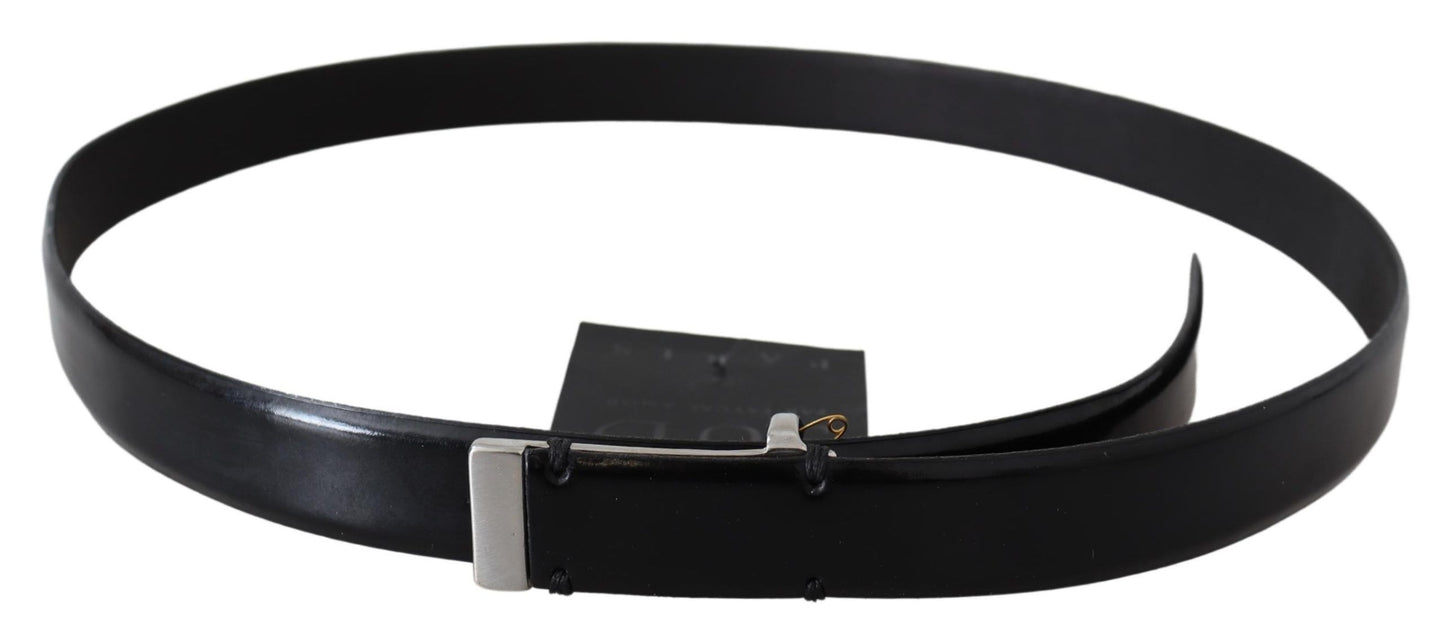 Black Leather Silver Chrome Metal Buckle Belt - Designed by PLEIN SUD Available to Buy at a Discounted Price on Moon Behind The Hill Online Designer Discount Store