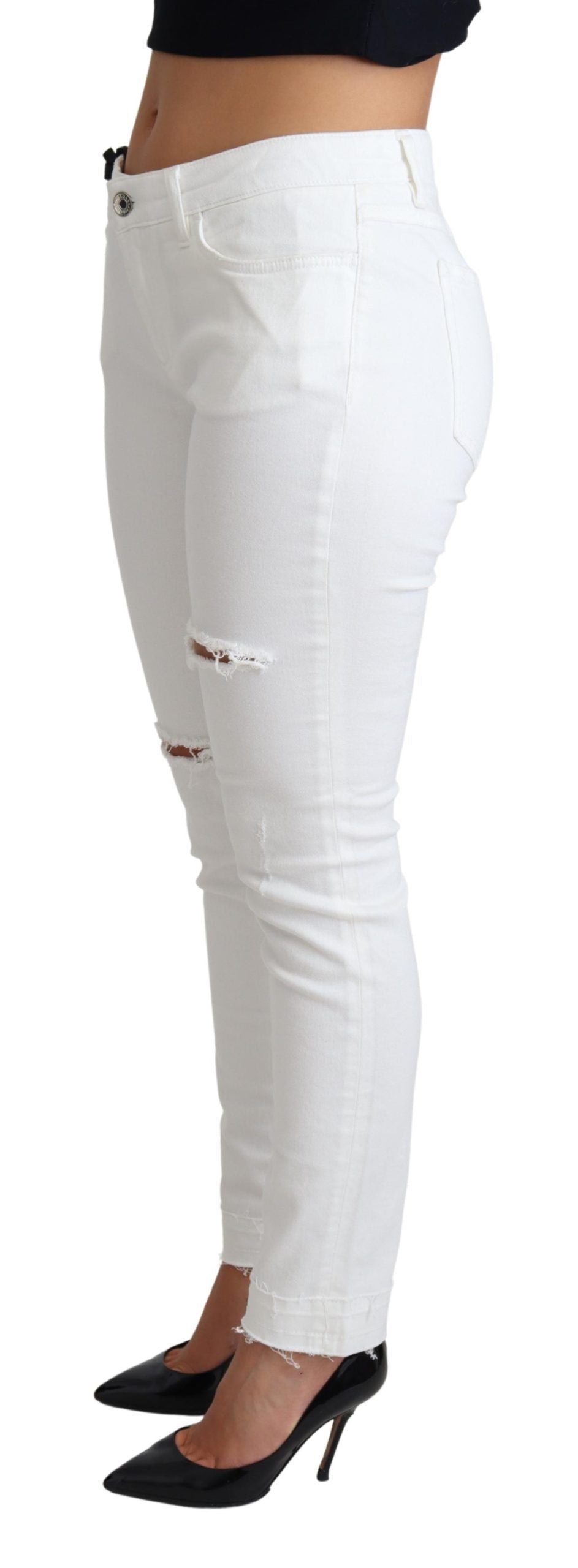 White Tattered Skinny Denim Cotton Stretch Jeans
