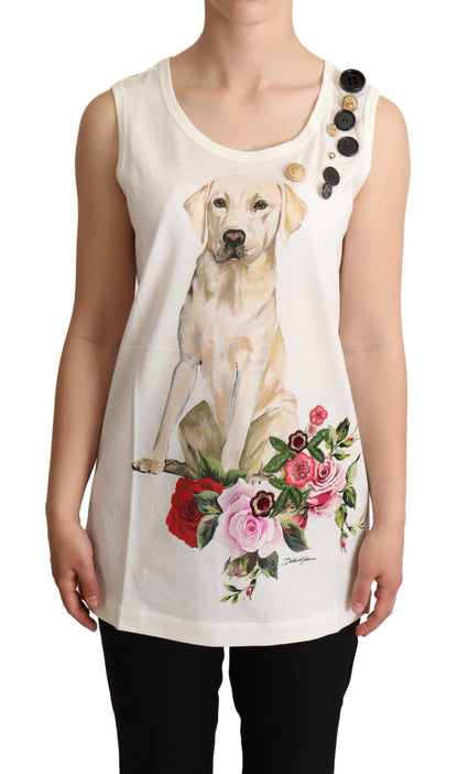 White Dog Floral Print Embellished  T-shirt